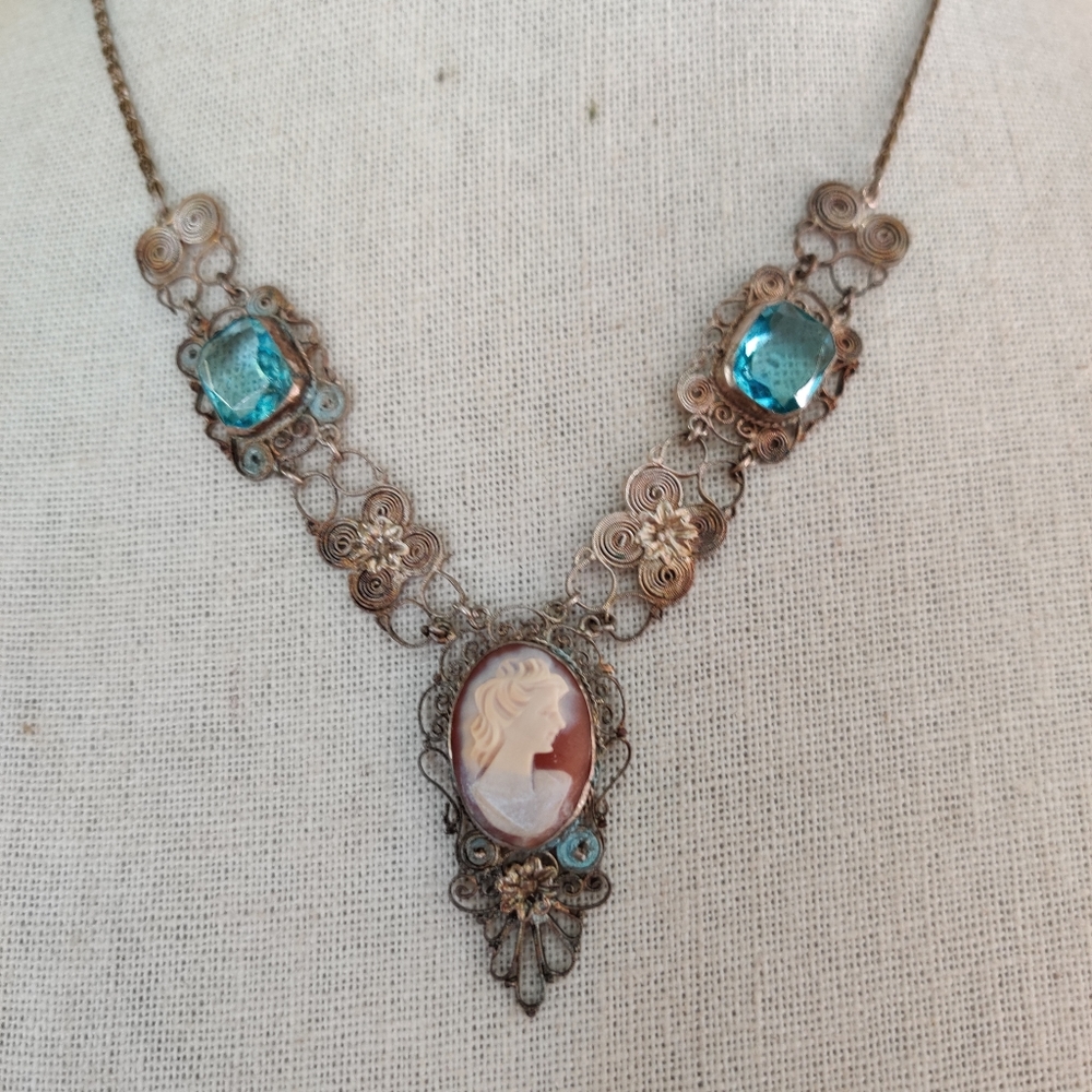 Antique sterling carved shell cameo blue topaznecklace
